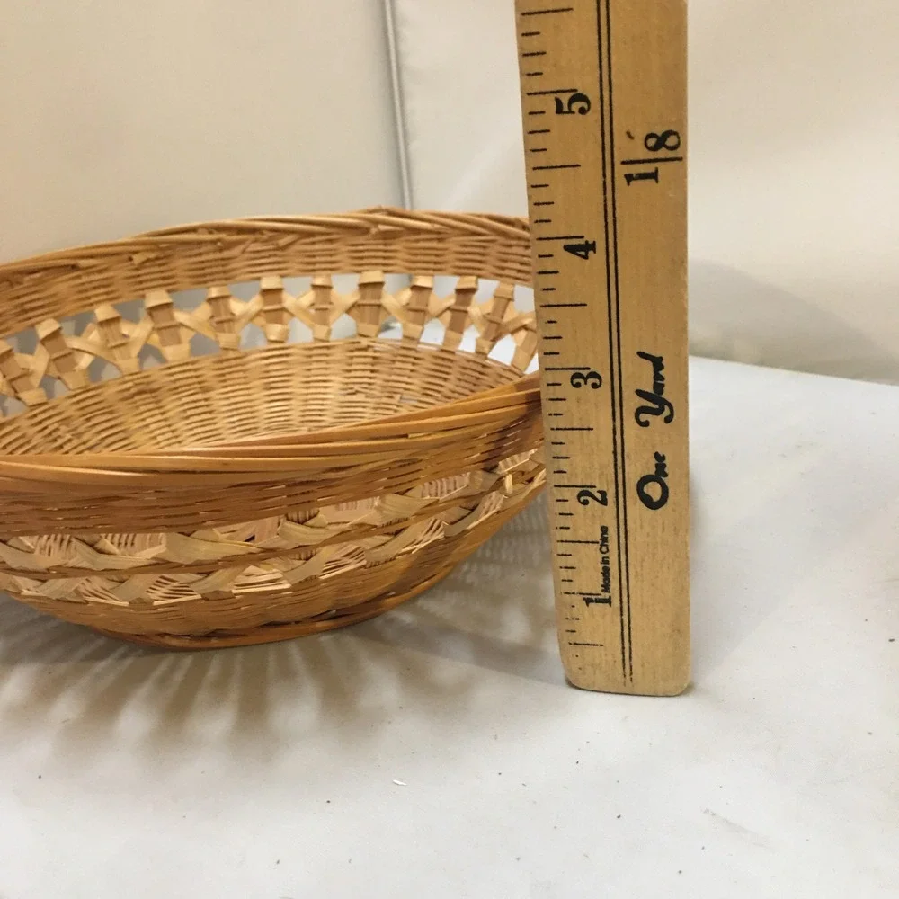 Woven Wicker Basket Home Decor 9in Tan Round Lattice Detail Cottagecore